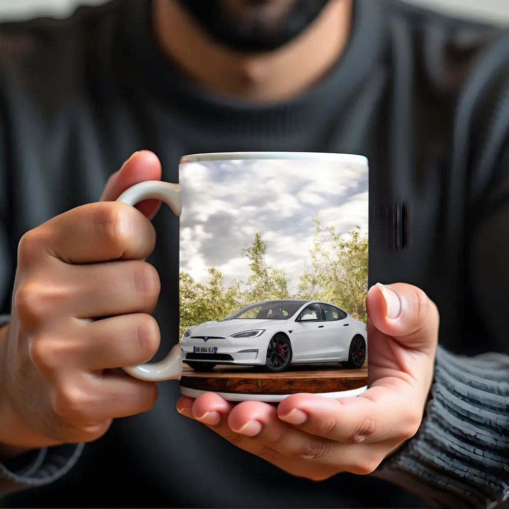 Tesla Model S White Car Outdoor Setting – Mugs