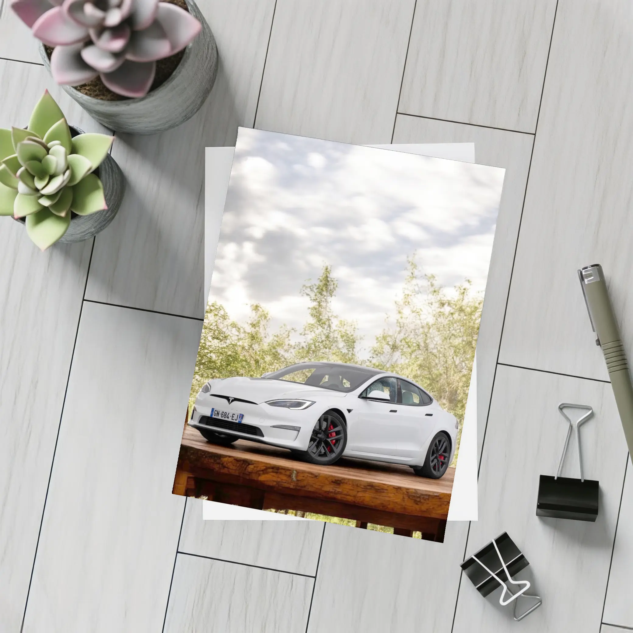 Tesla Model S White Car Outdoor Setting – Postcards