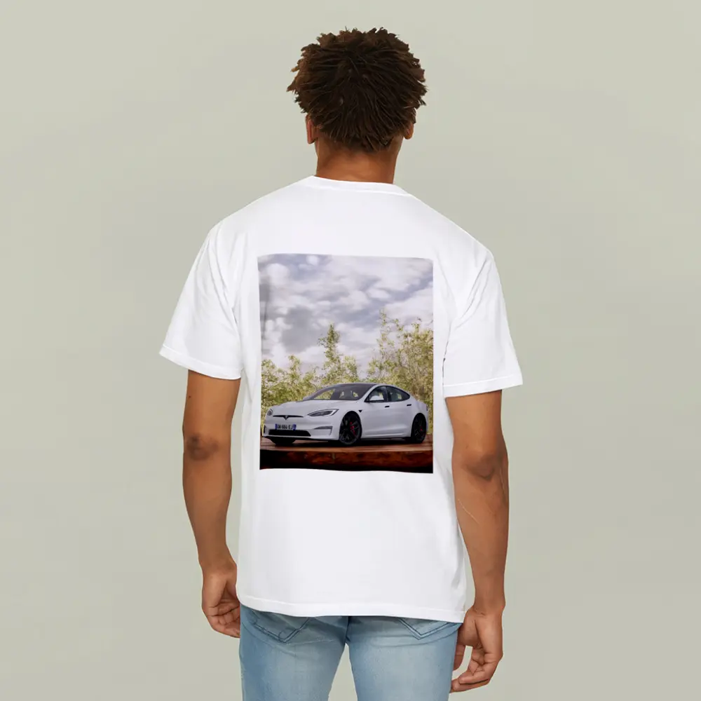 Tesla Model S White Car Outdoor Setting – T-Shirts