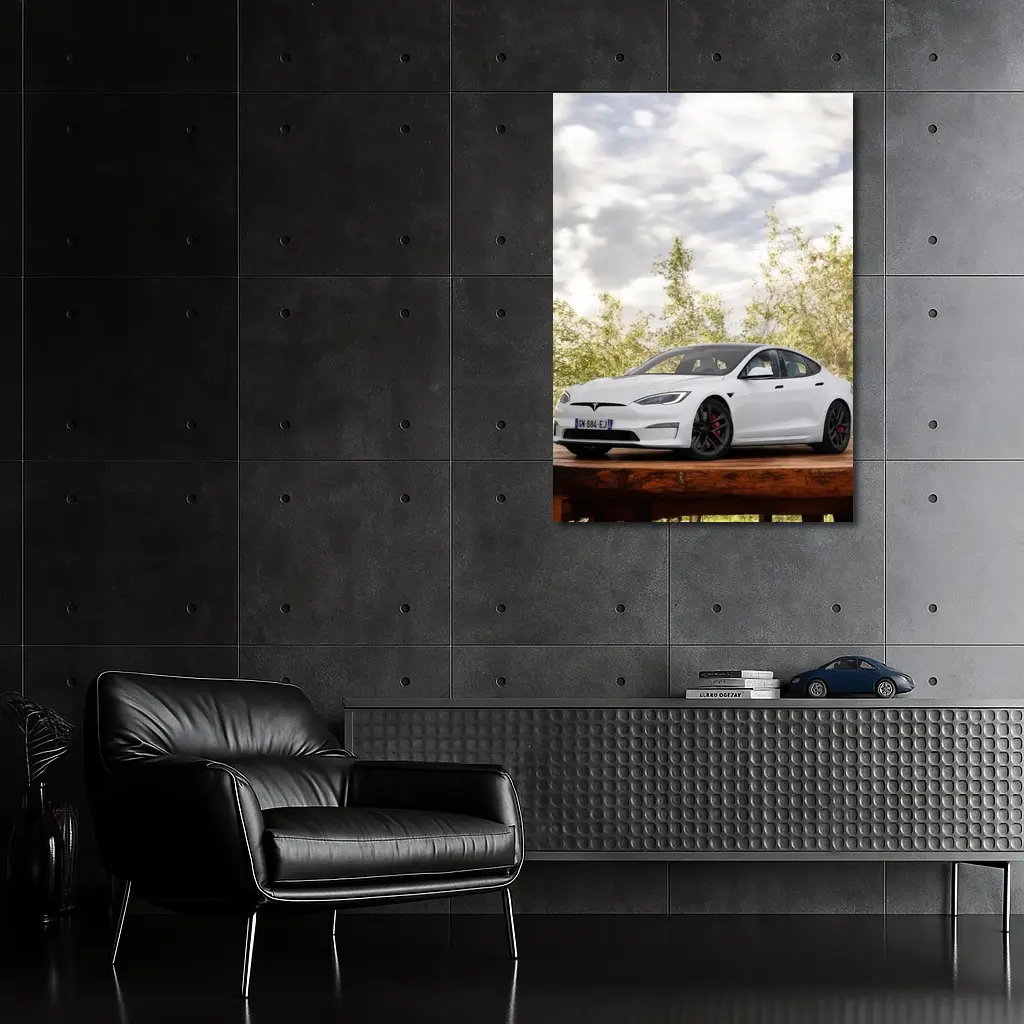 Tesla Model S White Car Outdoor Setting – Wall Art
