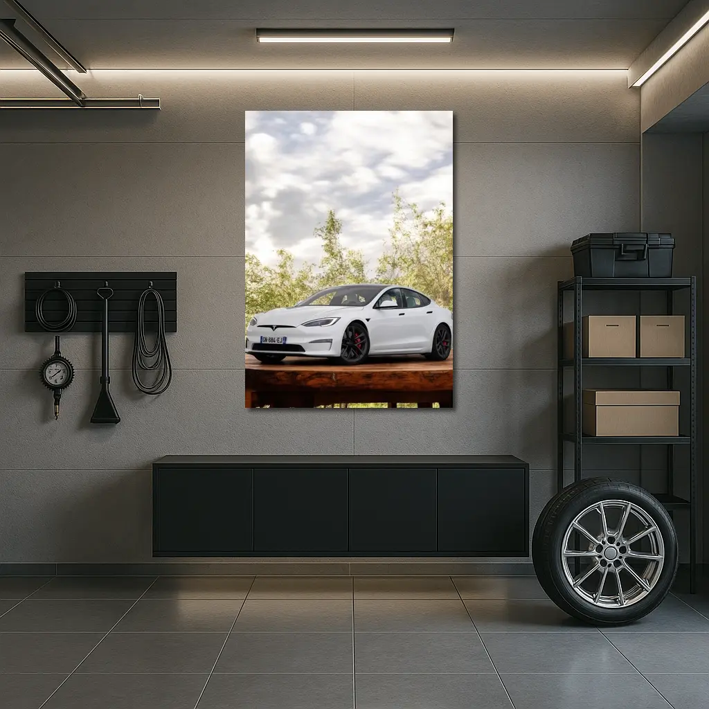 Tesla Model S White Car Outdoor Setting – Wall Art