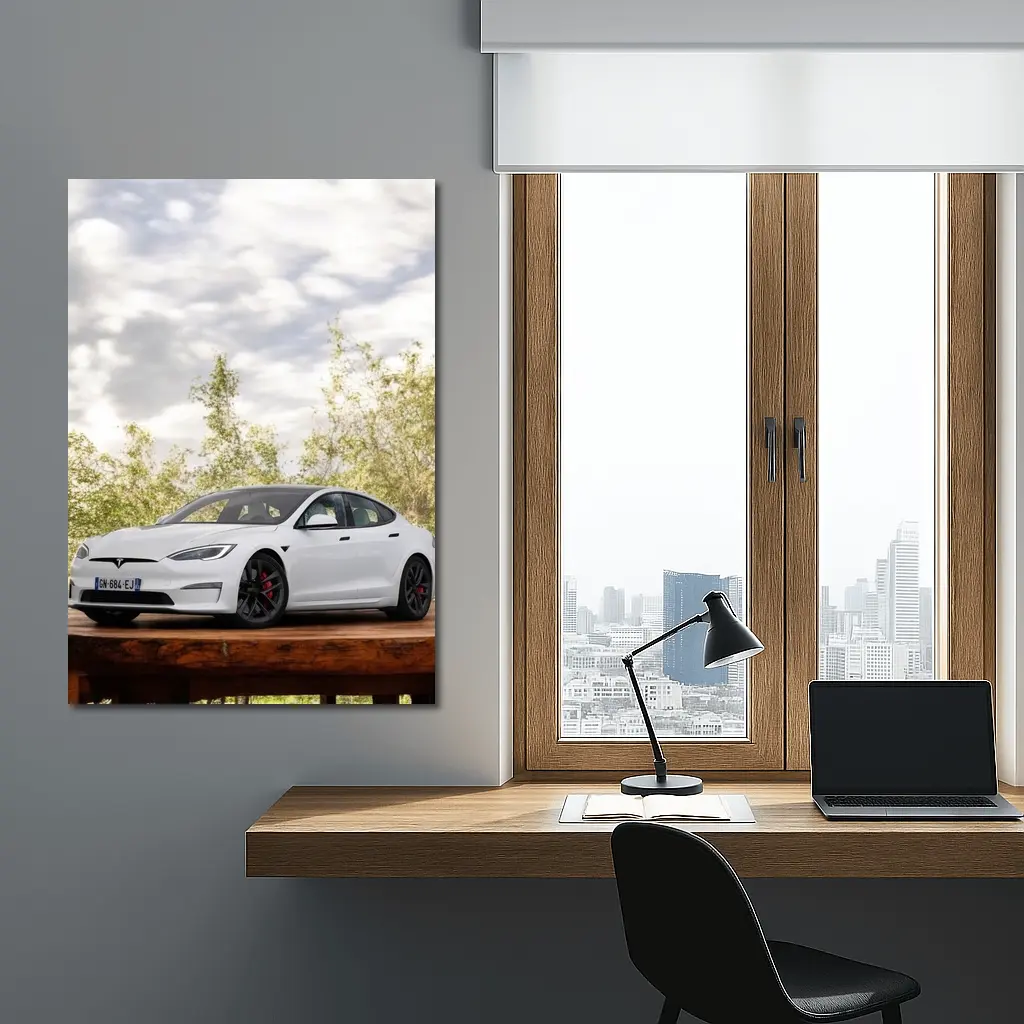 Tesla Model S White Car Outdoor Setting – Wall Art