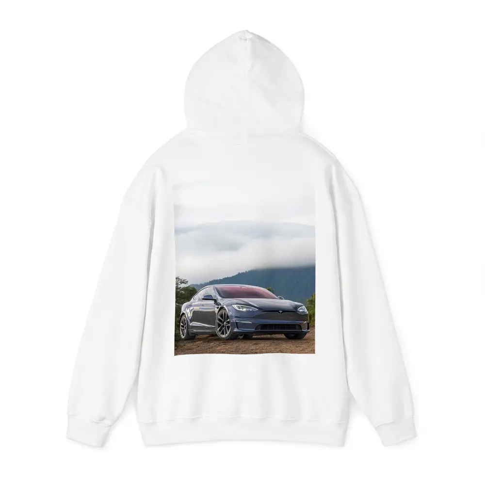 Tesla Model S Parked On Misty Mountain – Hoodies