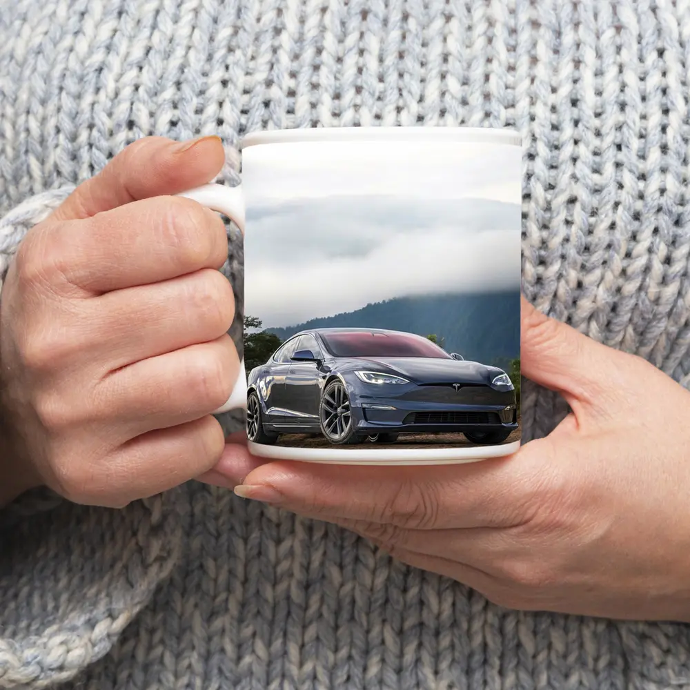 Tesla Model S Parked On Misty Mountain – Mugs