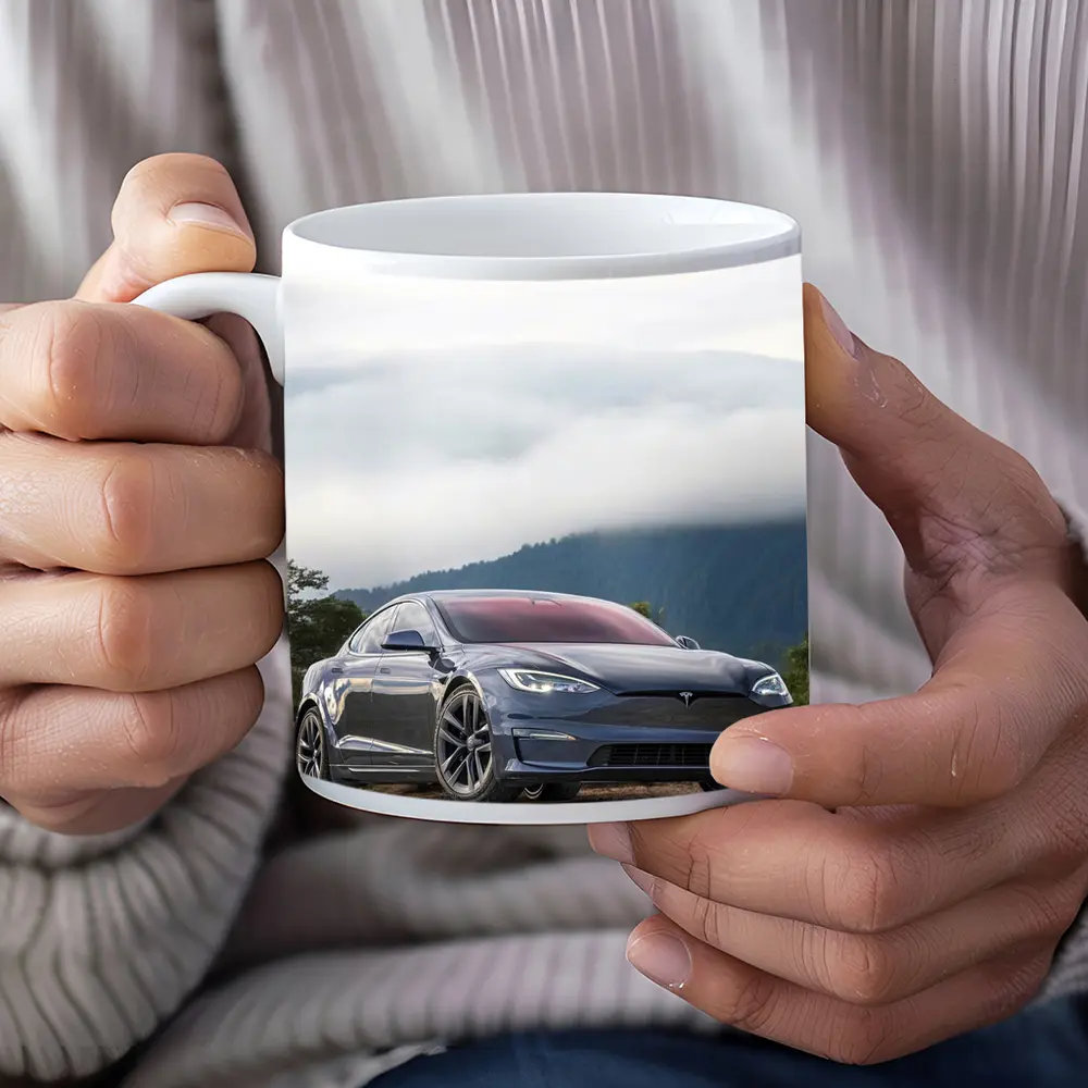 Tesla Model S Parked On Misty Mountain – Mugs