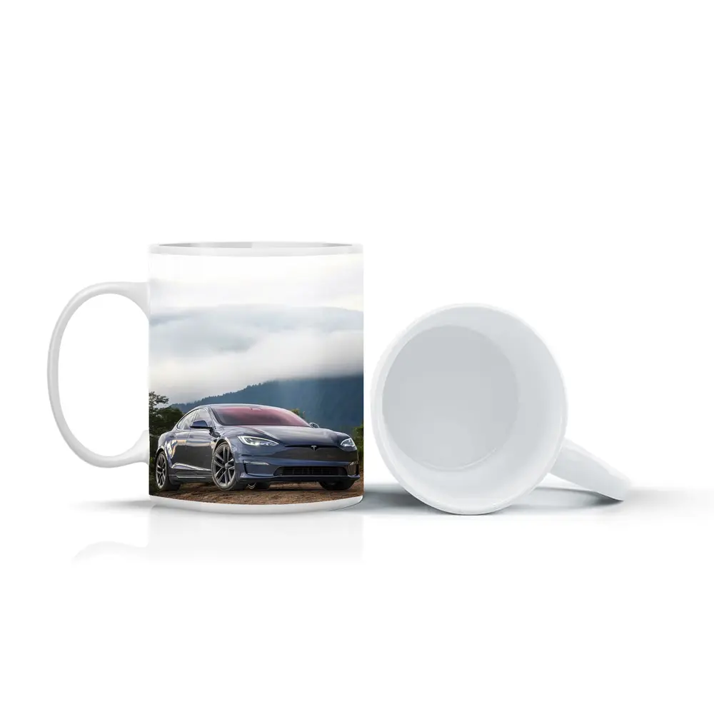 Tesla Model S Parked On Misty Mountain – Mugs