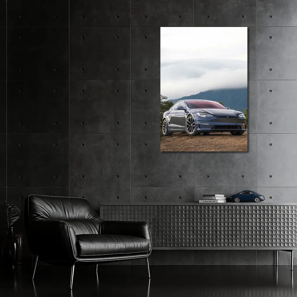 Tesla Model S Parked On Misty Mountain – Wall Art