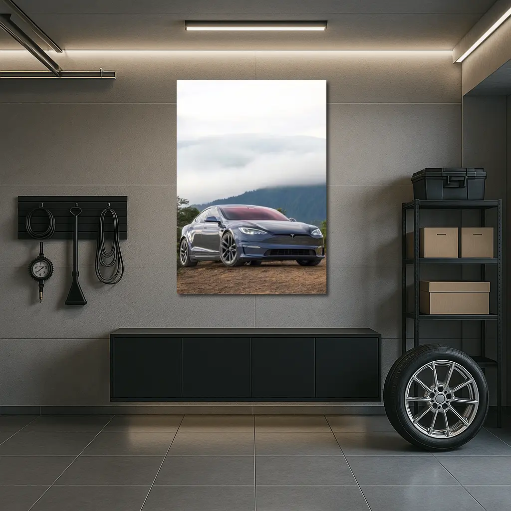 Tesla Model S Parked On Misty Mountain – Wall Art