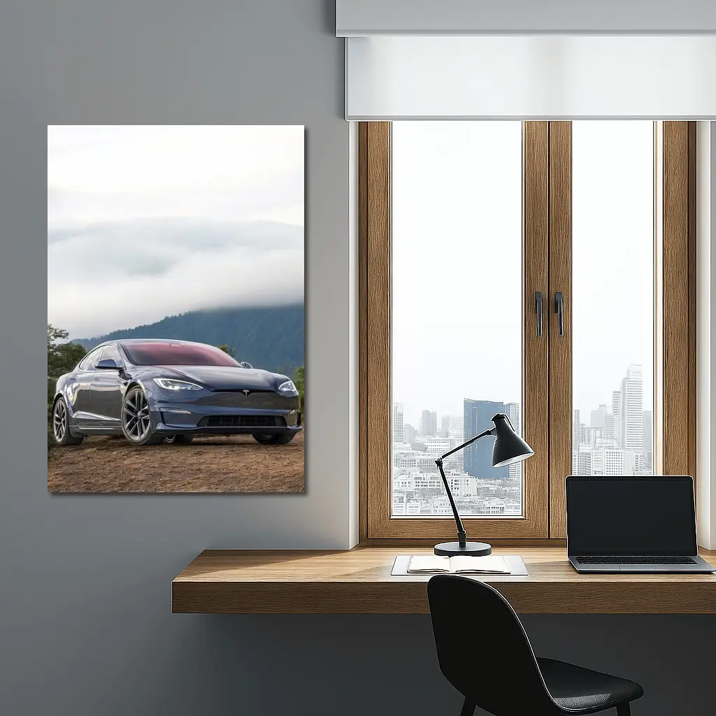 Tesla Model S Parked On Misty Mountain – Wall Art