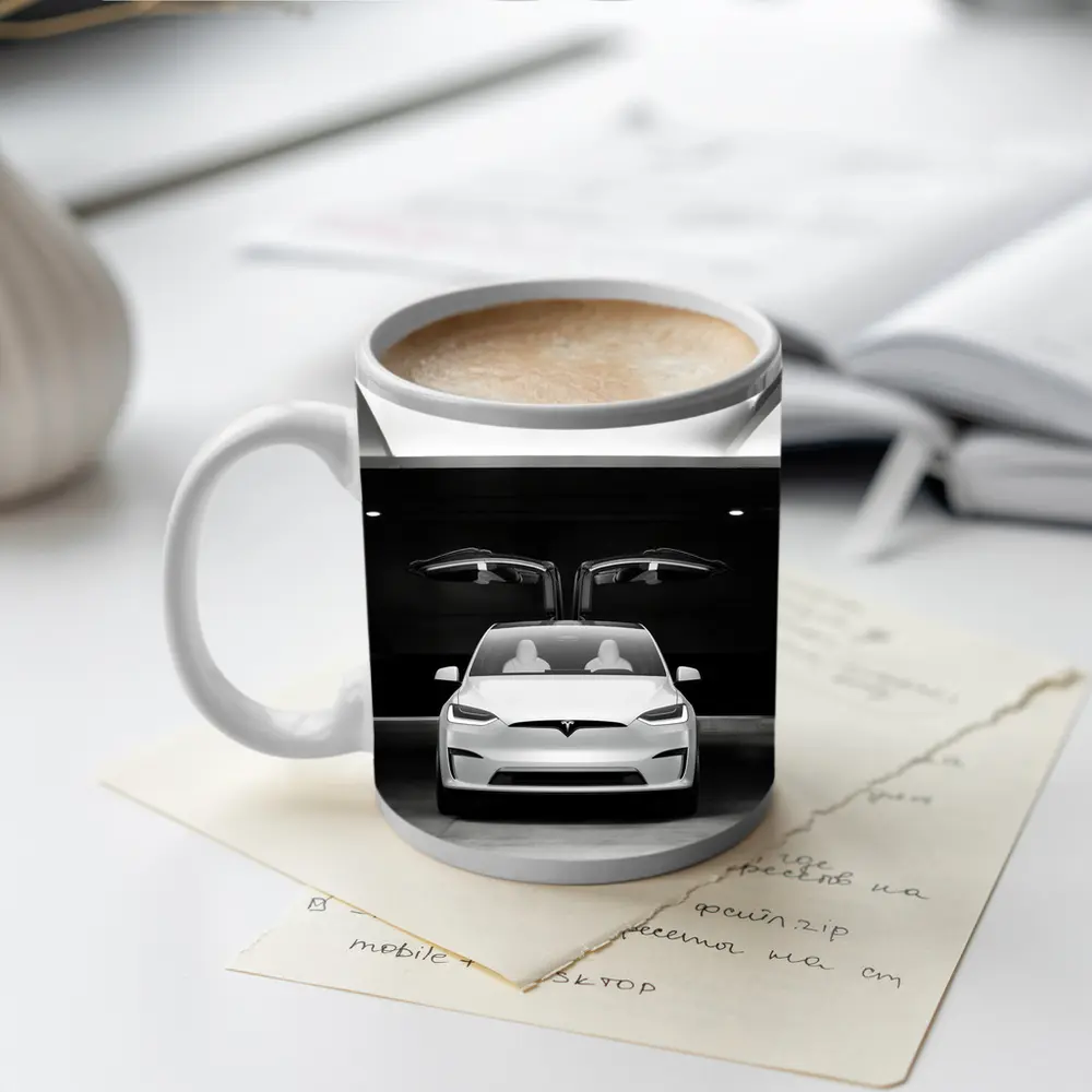 Tesla Model X Falcon Wings Garage Black White – Mugs