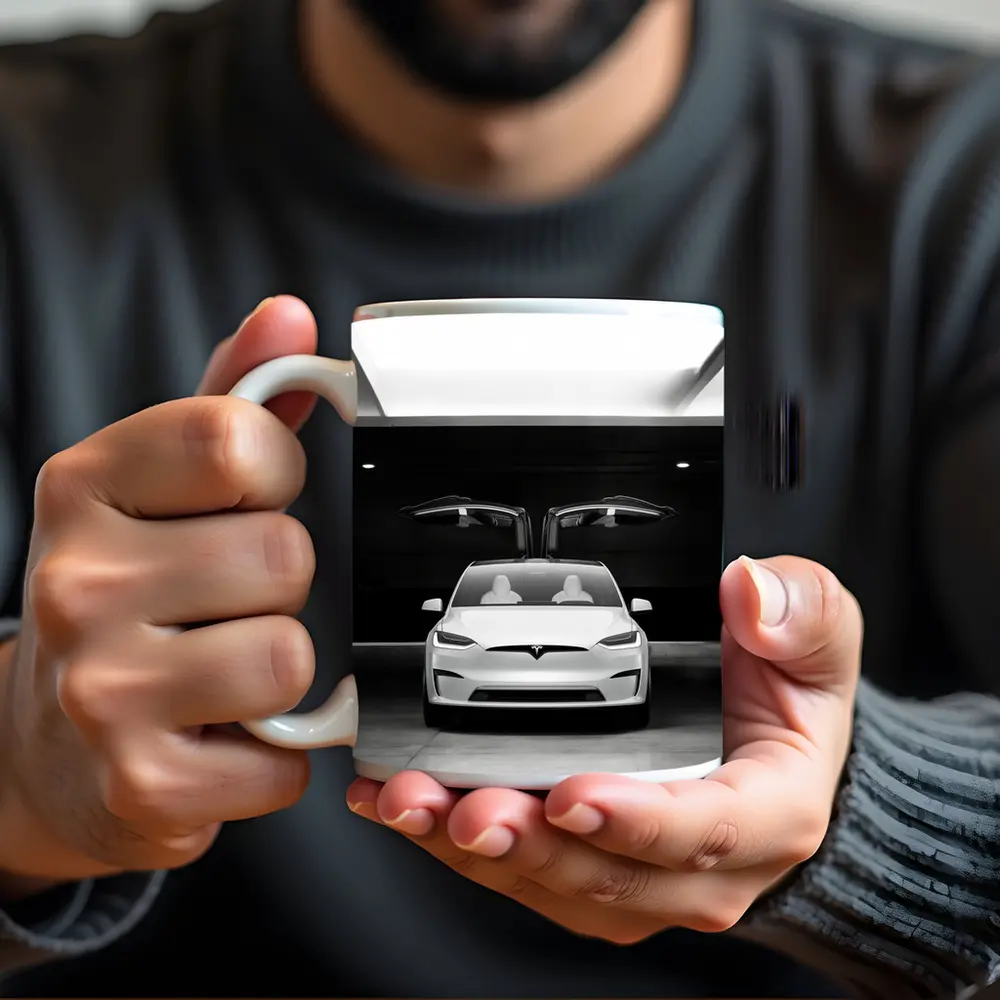 Tesla Model X Falcon Wings Garage Black White – Mugs