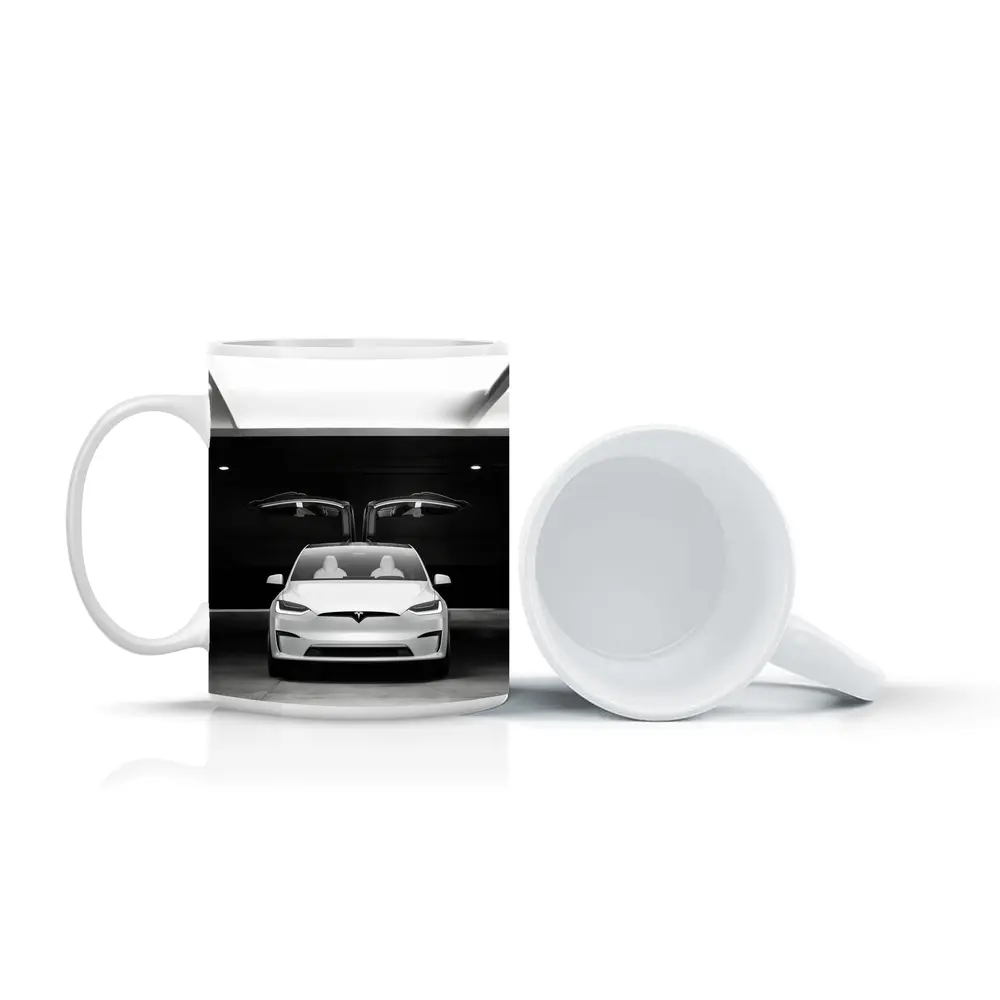 Tesla Model X Falcon Wings Garage Black White – Mugs