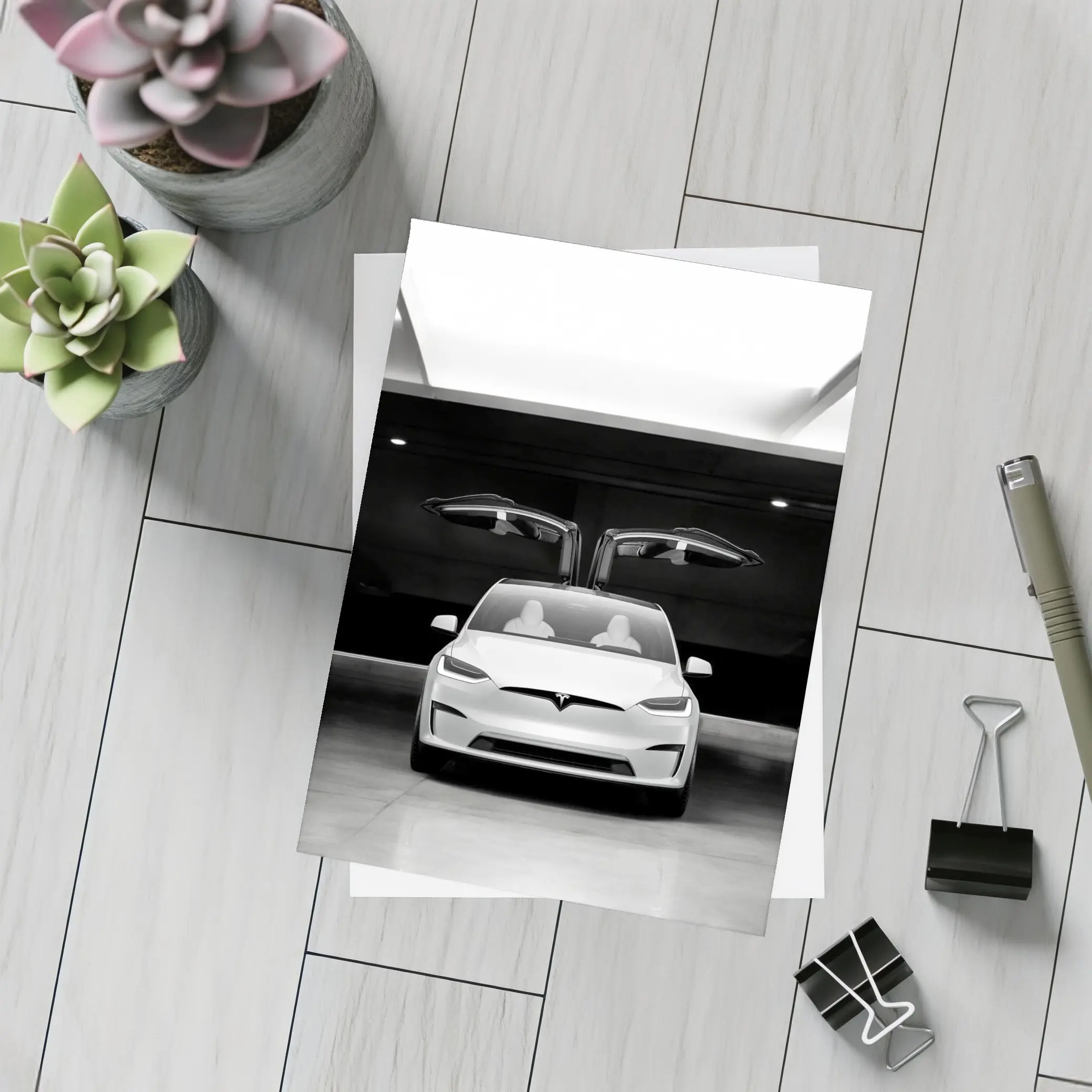 Tesla Model X Falcon Wings Garage Black White – Postcards