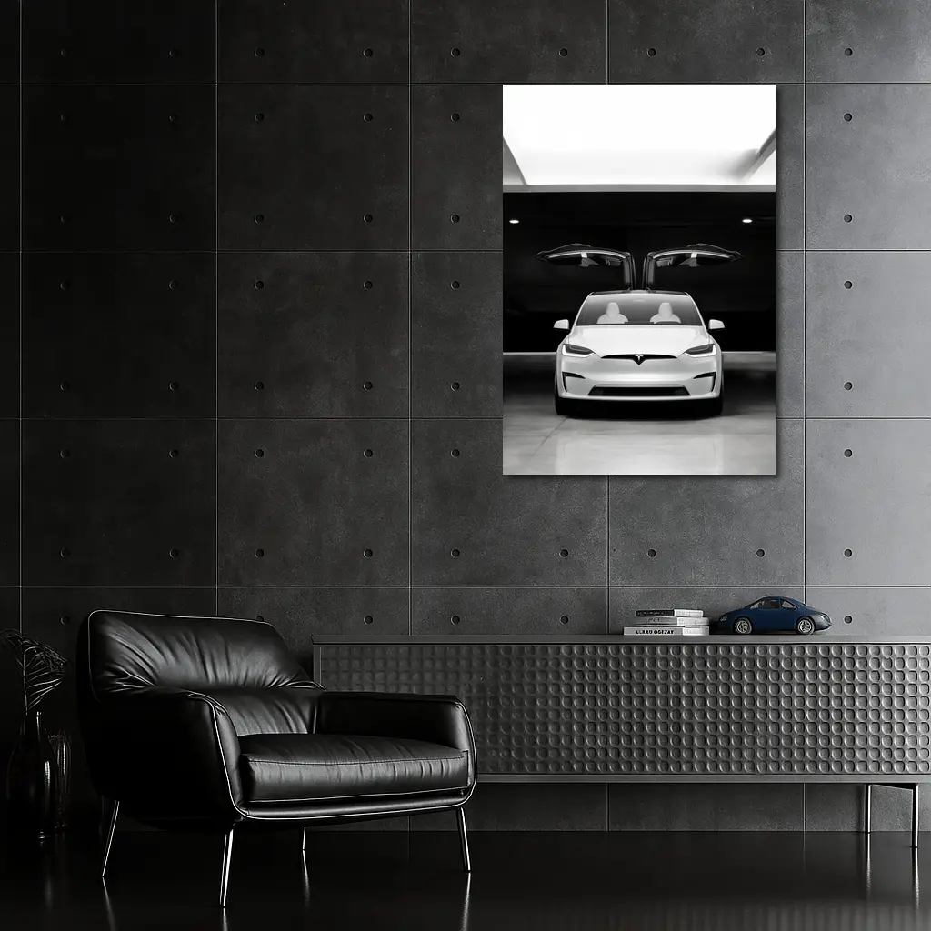 Tesla Model X Falcon Wings Garage Black White – Wall Art