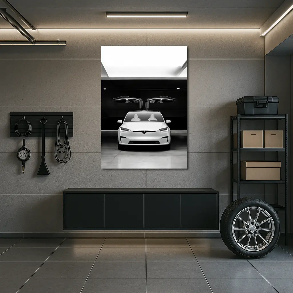 Tesla Model X Falcon Wings Garage Black White – Wall Art