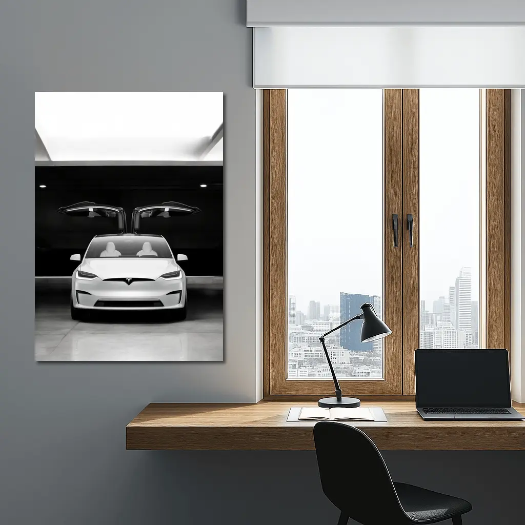 Tesla Model X Falcon Wings Garage Black White – Wall Art