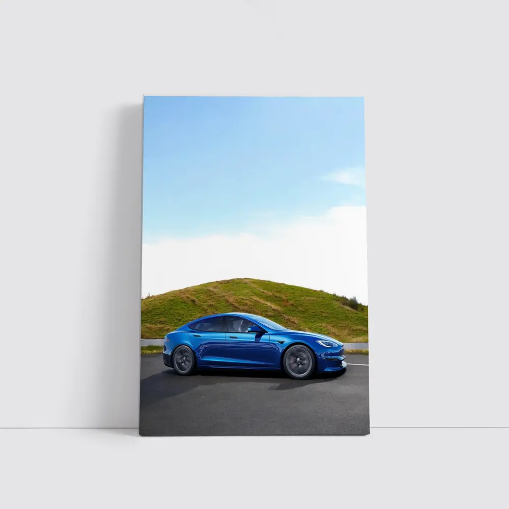 Tesla Model S Blue On Open Road – Wall Art