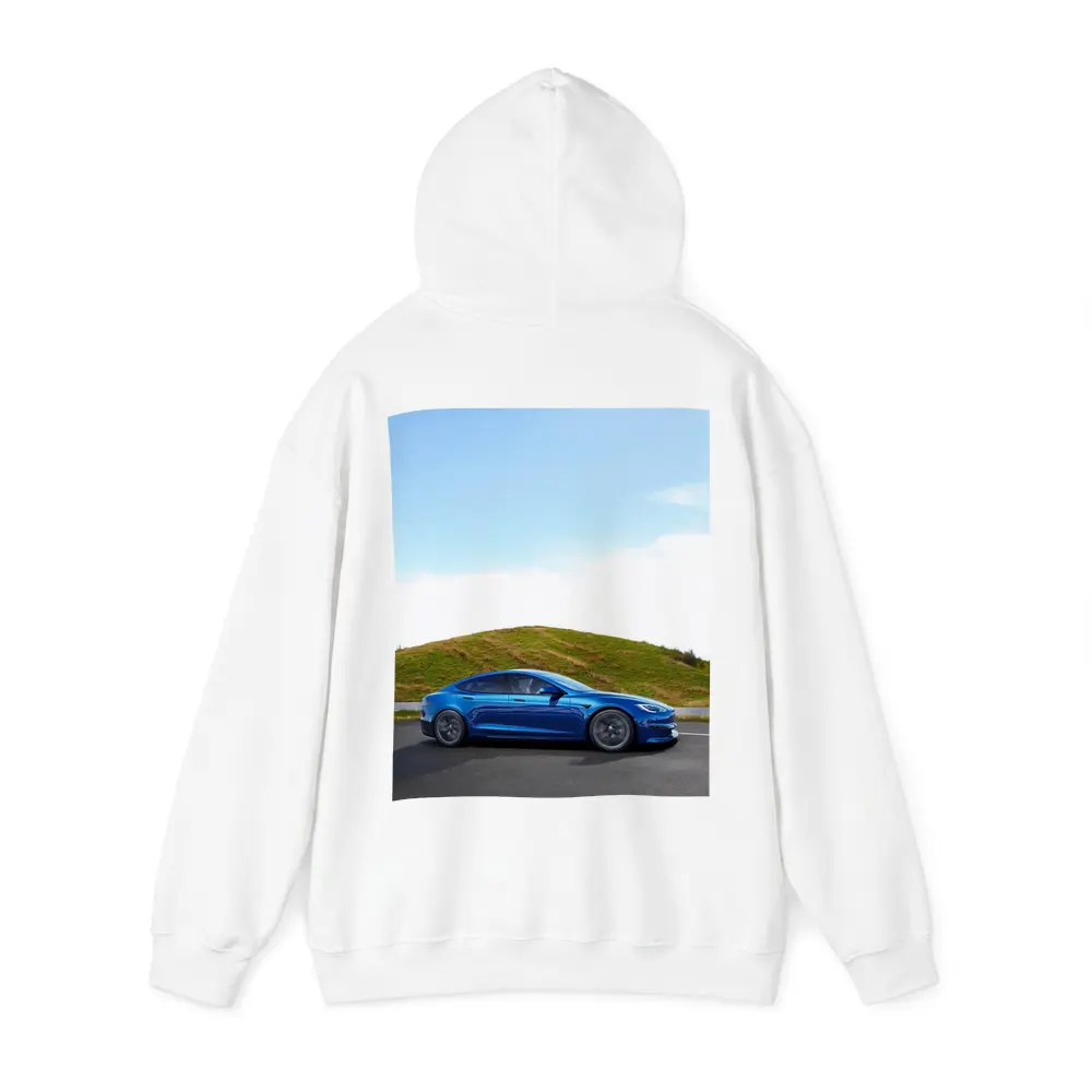 Tesla Model S Blue On Open Road – Hoodies