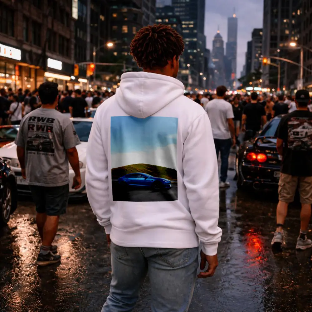 Tesla Model S Blue On Open Road – Hoodies