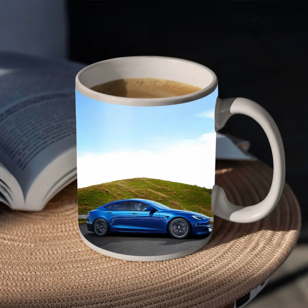 Tesla Model S Blue On Open Road – Mugs