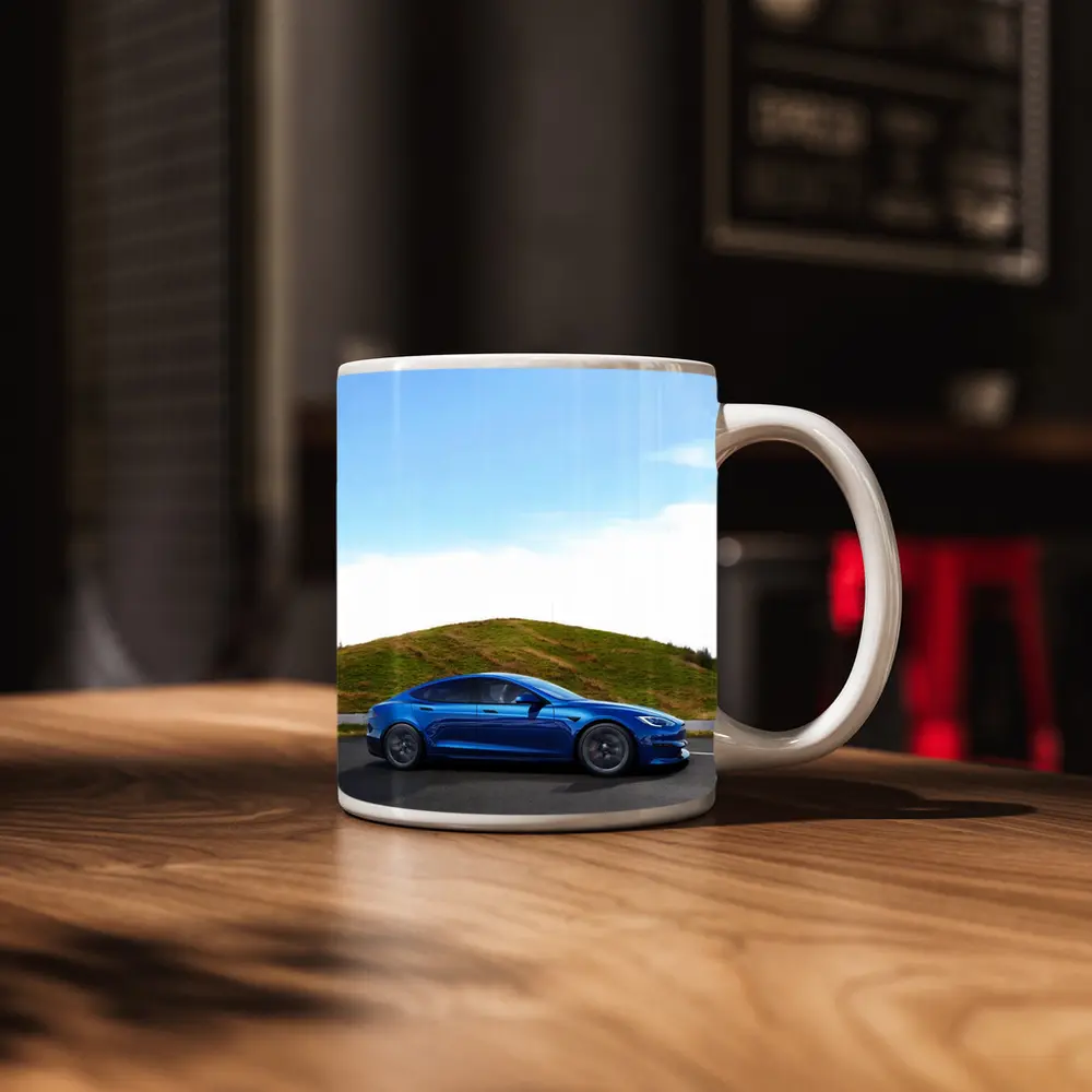 Tesla Model S Blue On Open Road – Mugs