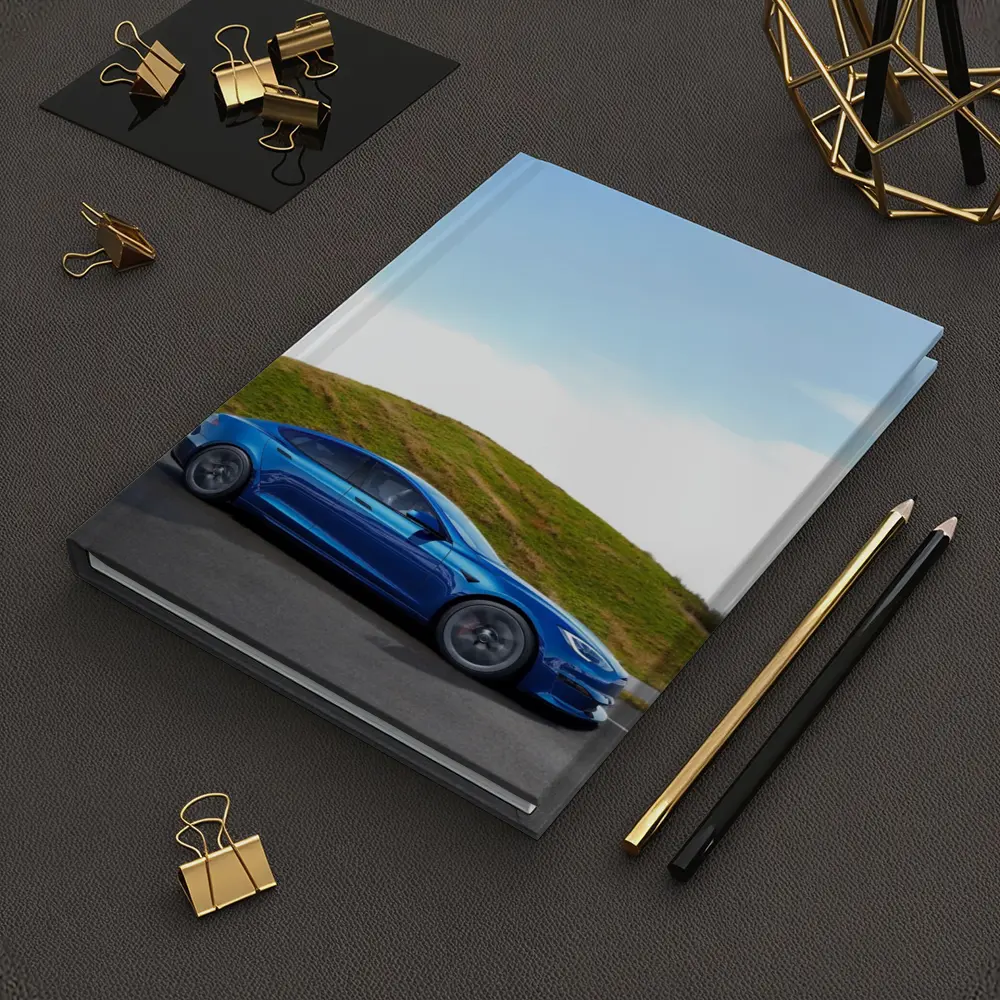 Tesla Model S Blue On Open Road – Notebooks