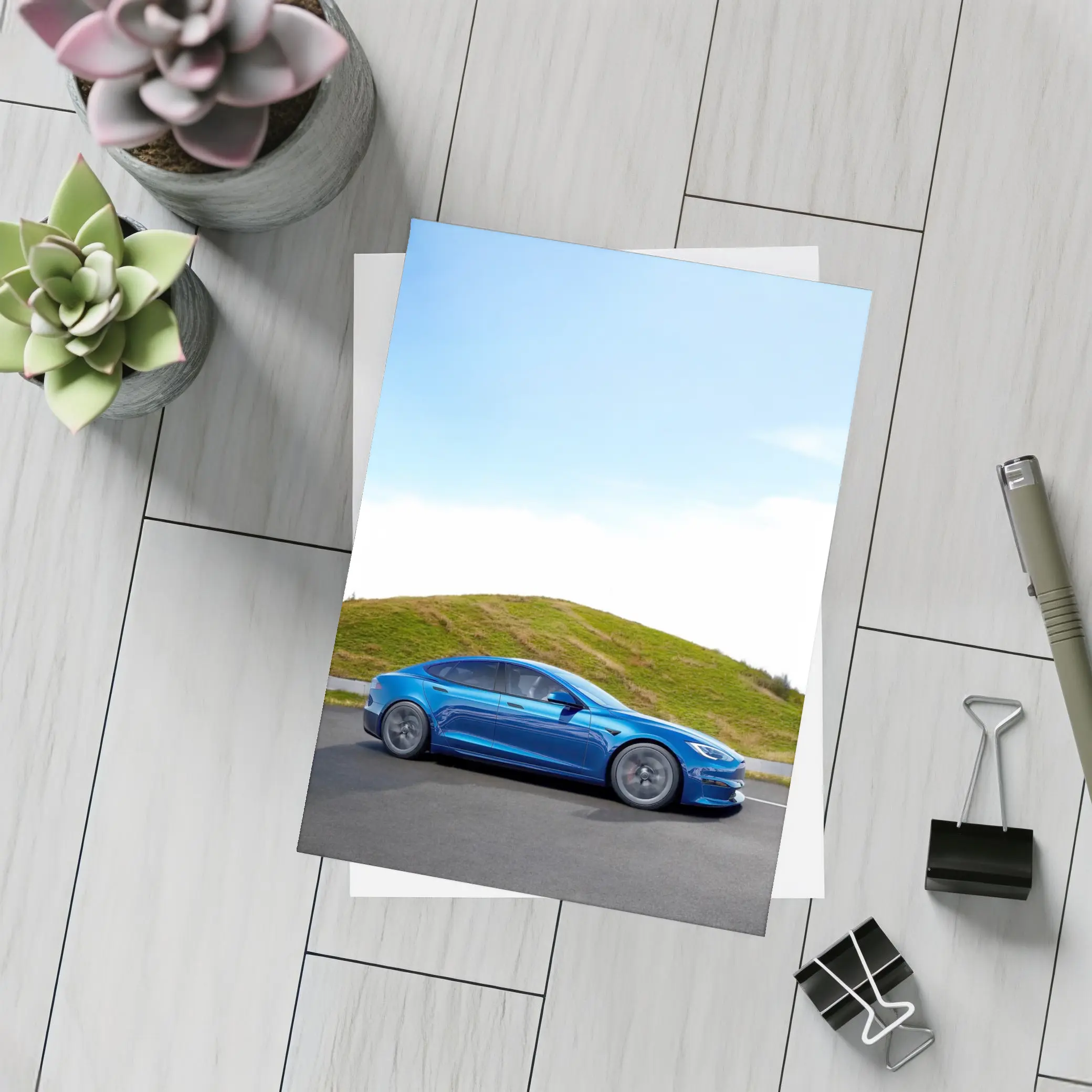 Tesla Model S Blue On Open Road – Postcards