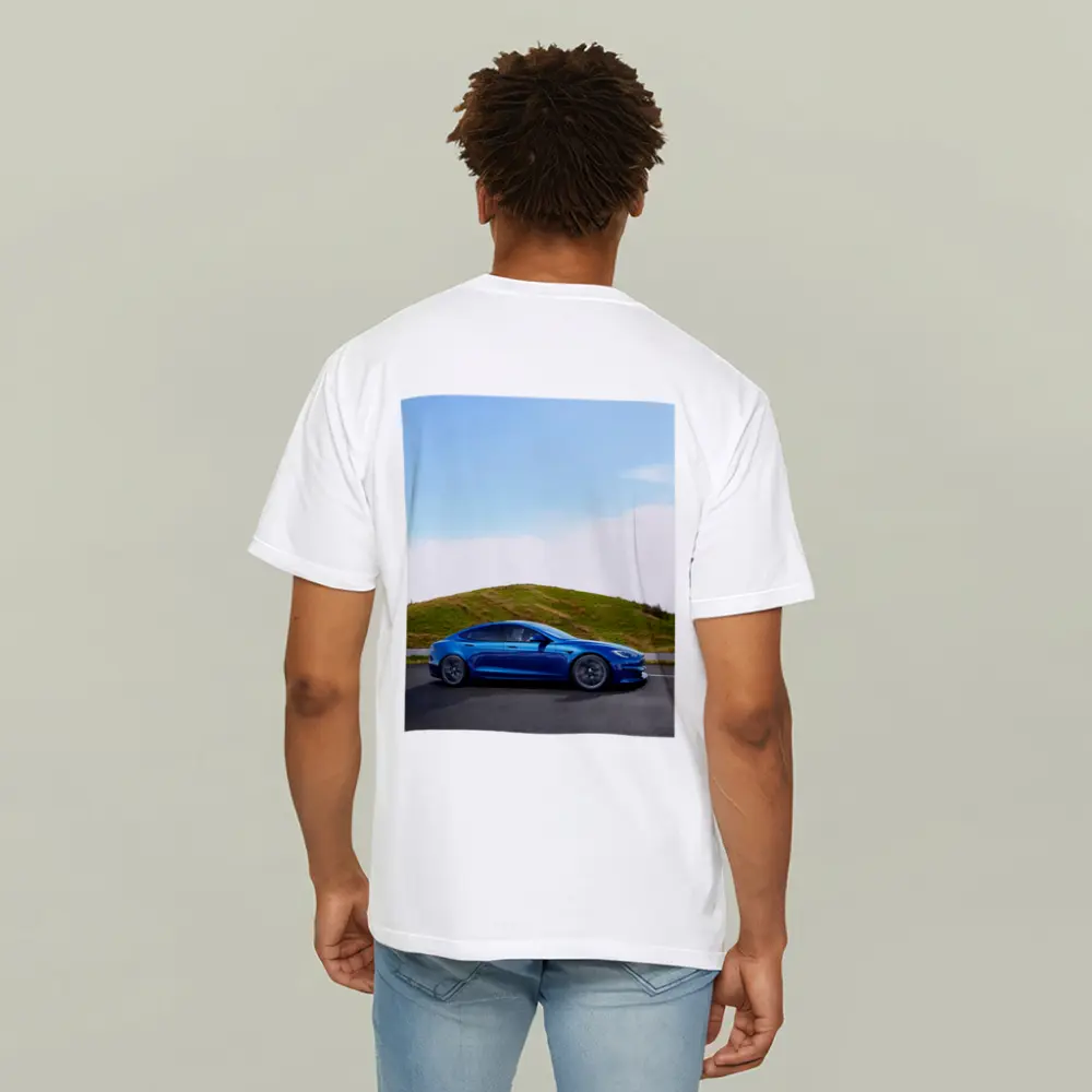 Tesla Model S Blue On Open Road – T-Shirts
