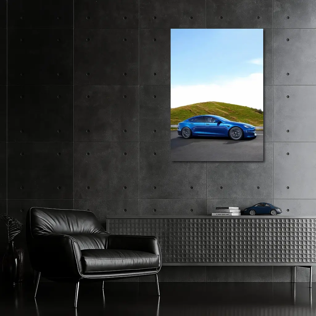 Tesla Model S Blue On Open Road – Wall Art