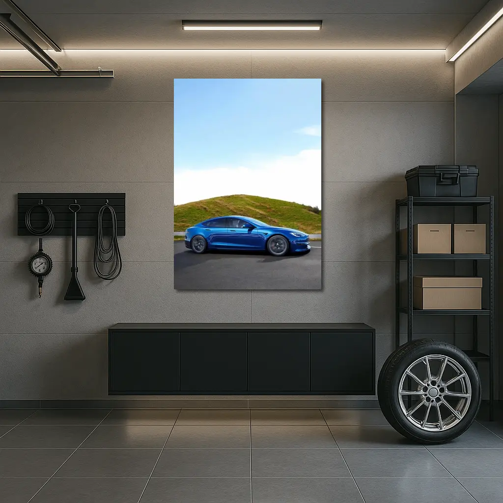 Tesla Model S Blue On Open Road – Wall Art