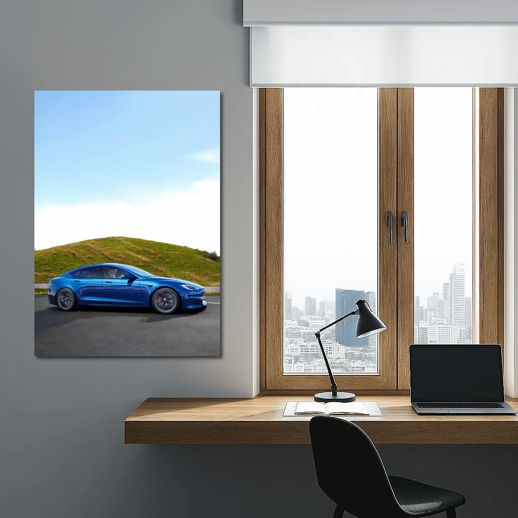 Tesla Model S Blue On Open Road – Wall Art