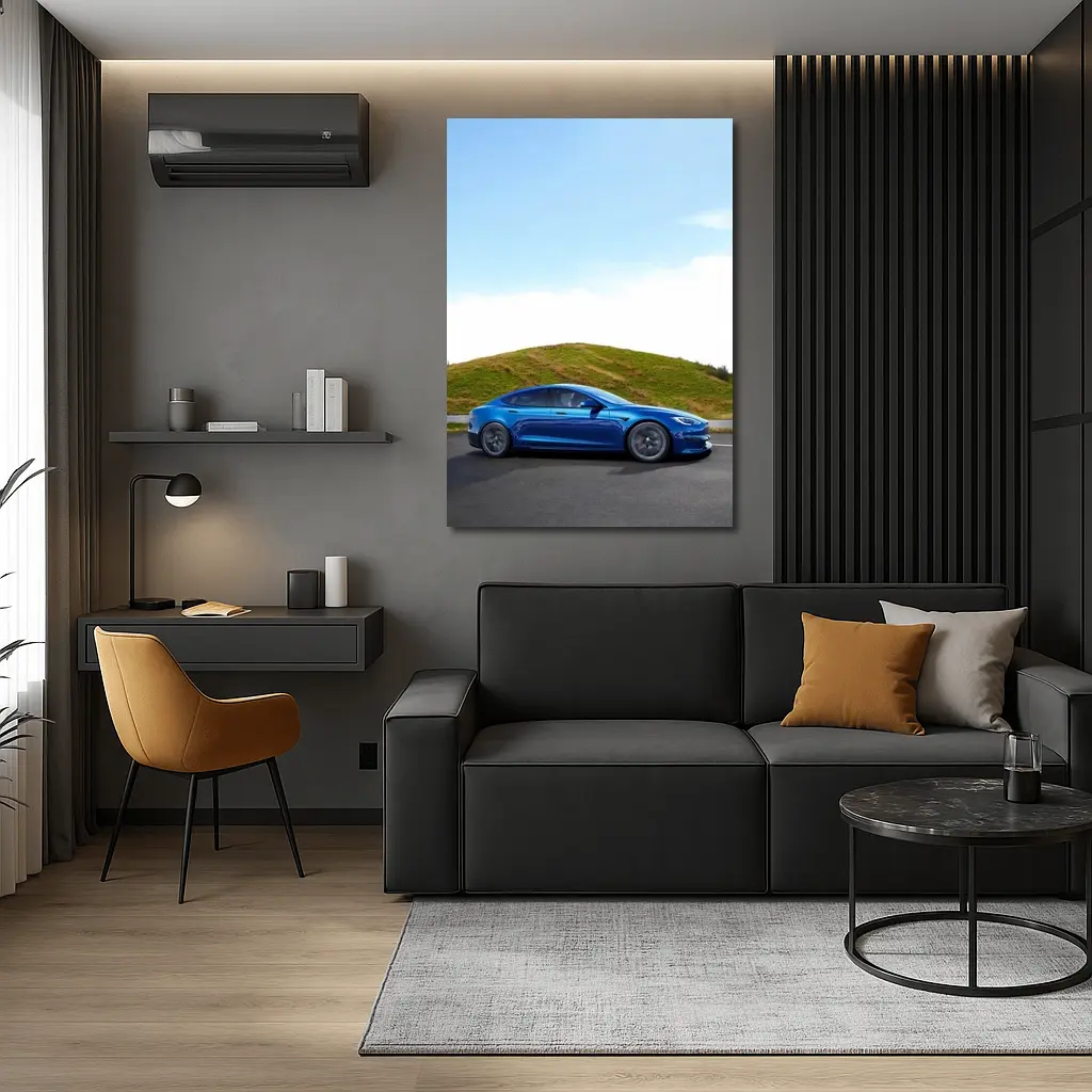Tesla Model S Blue On Open Road – Wall Art