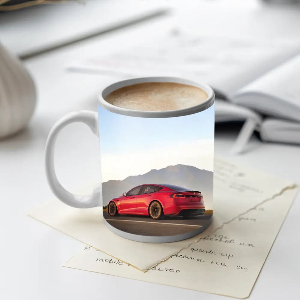 Red Tesla Model S Mountain Road Drive – Mugs