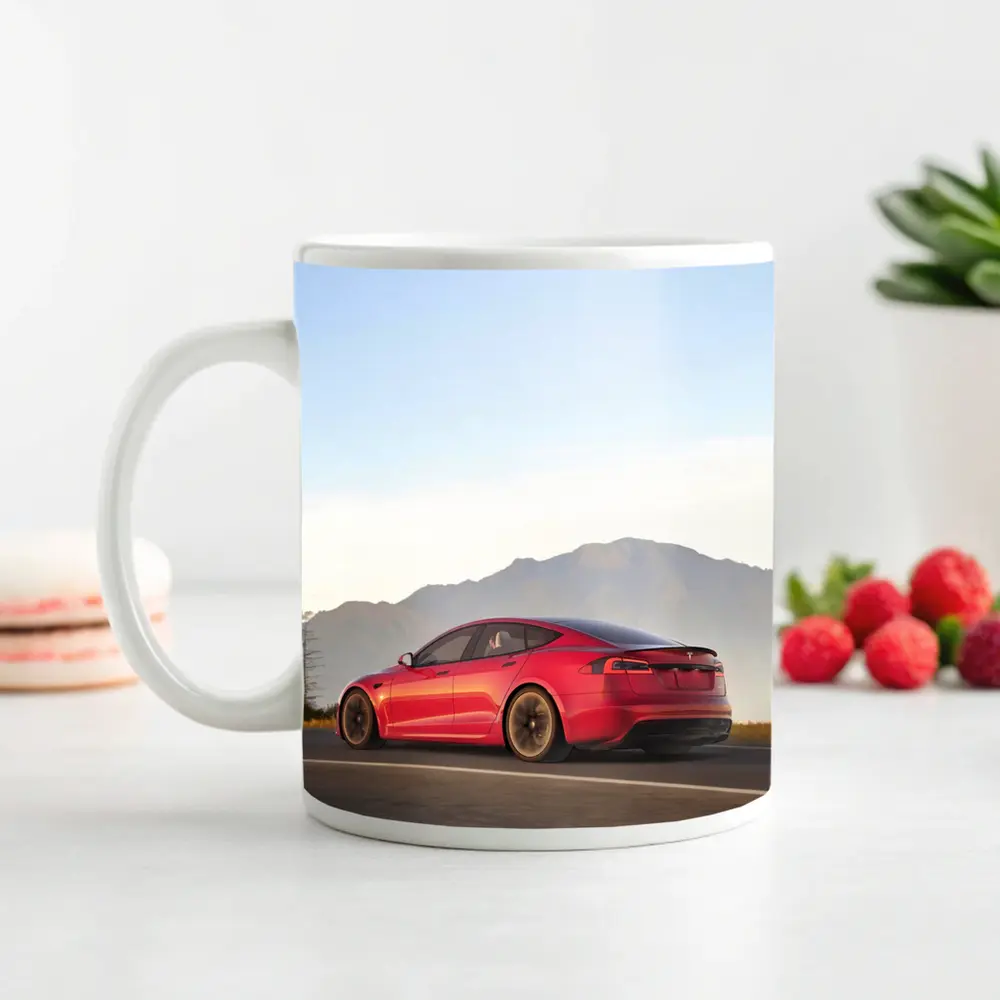 Red Tesla Model S Mountain Road Drive – Mugs
