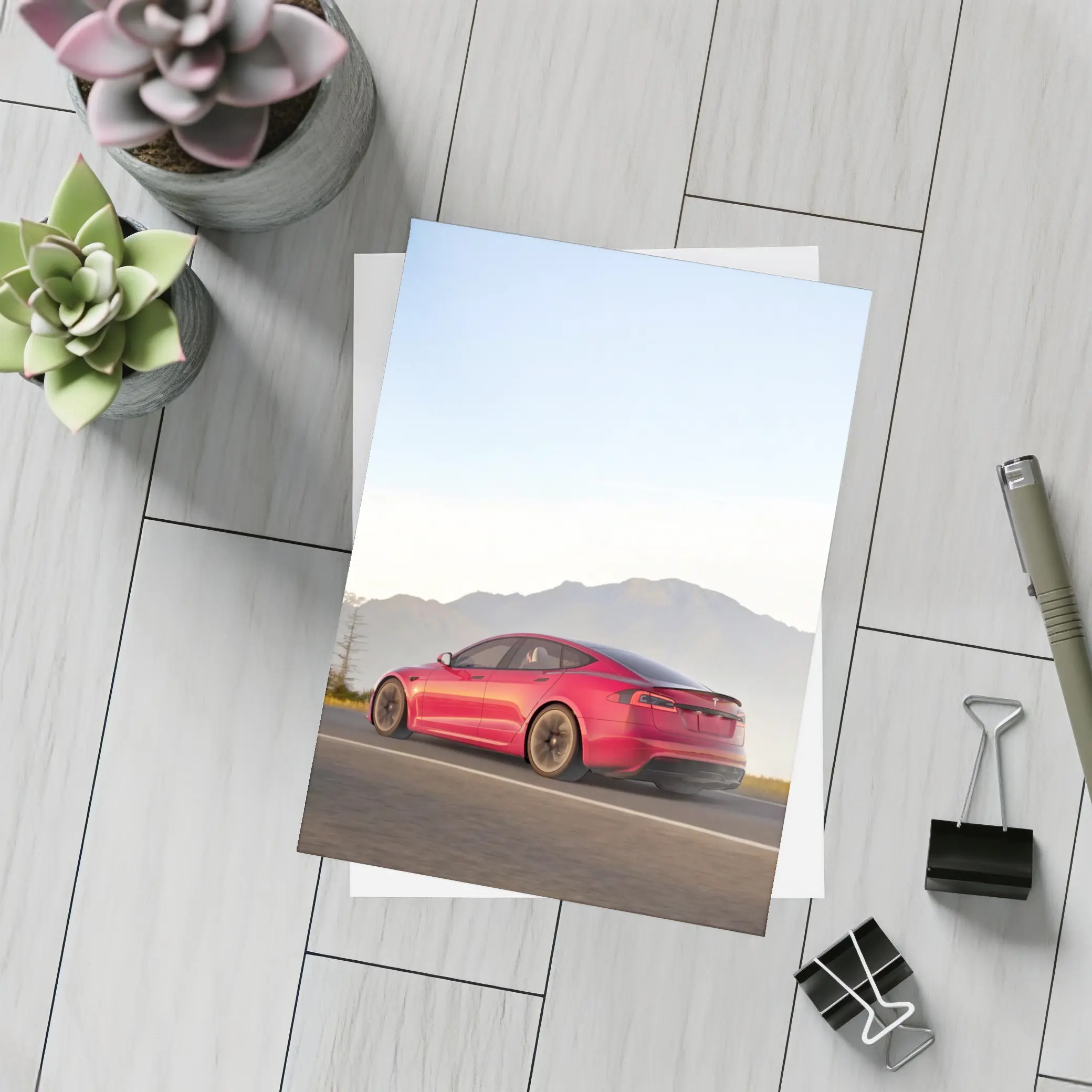 Red Tesla Model S Mountain Road Drive – Postcards