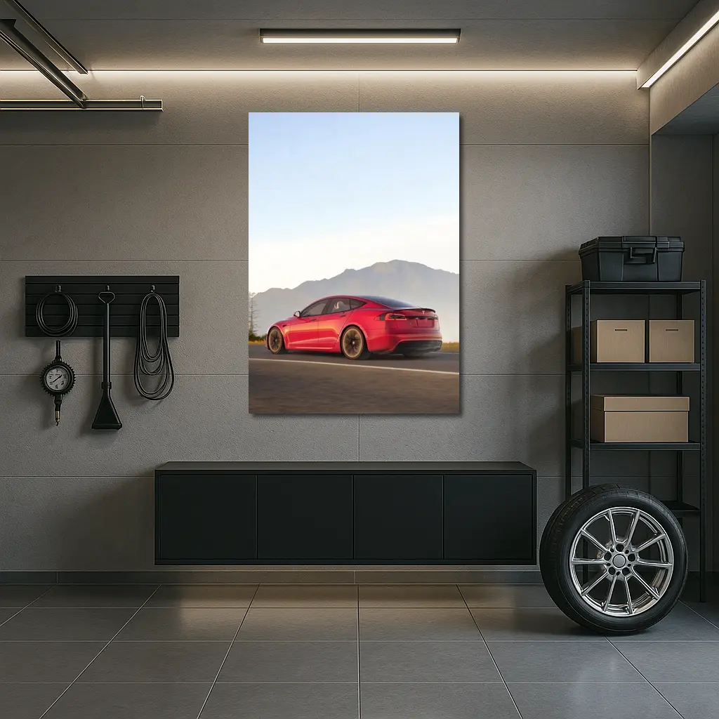 Red Tesla Model S Mountain Road Drive – Wall Art