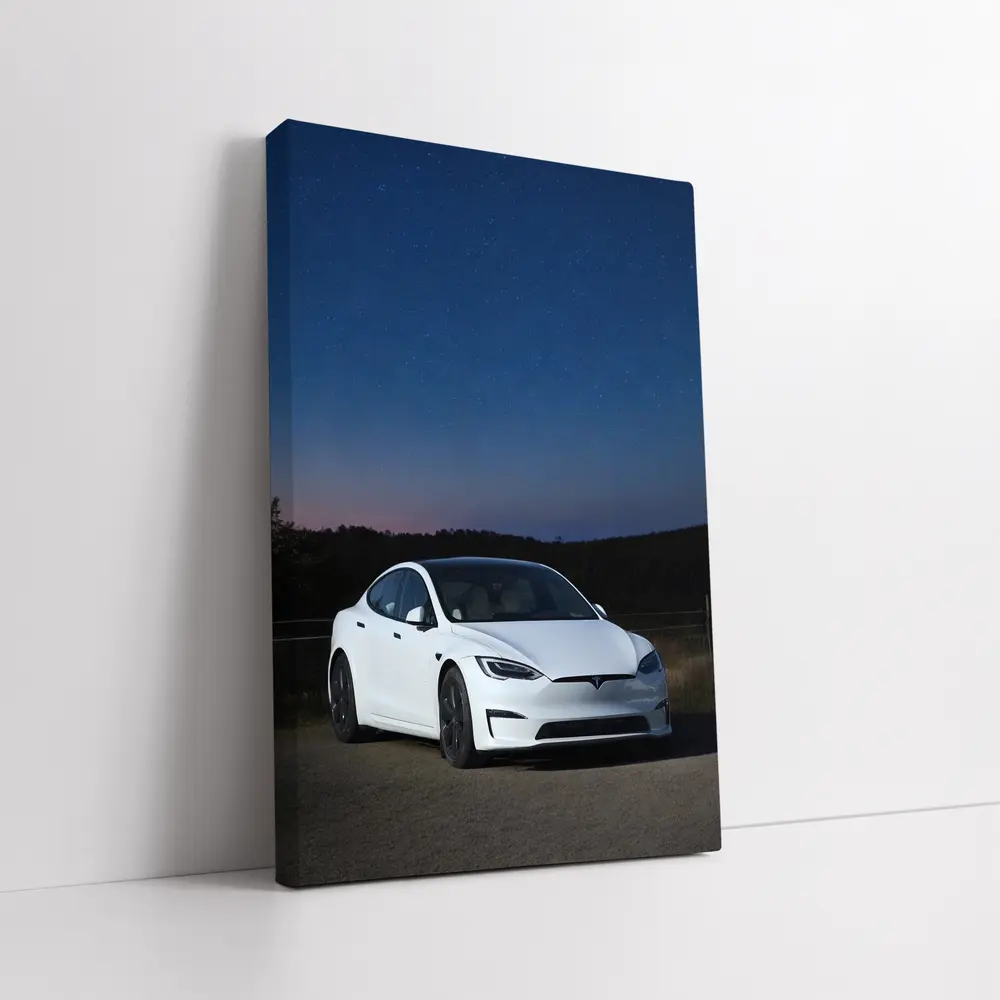 Tesla Model S White Under Night Sky – Wall Art