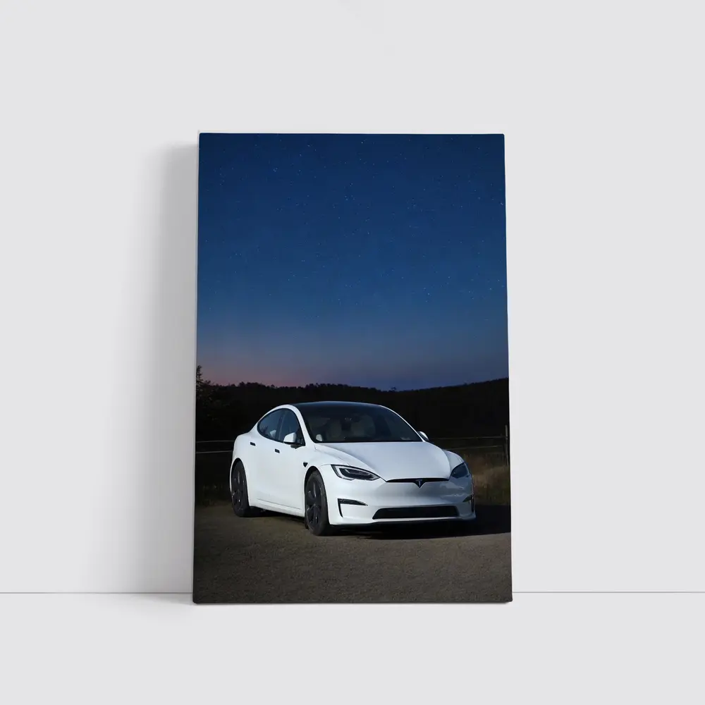 Tesla Model S White Under Night Sky – Wall Art