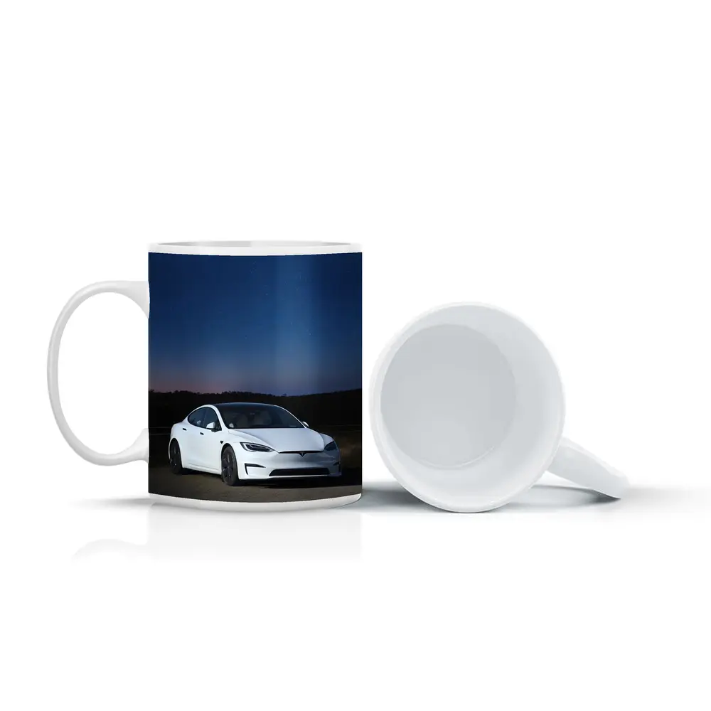 Tesla Model S White Under Night Sky – Mugs