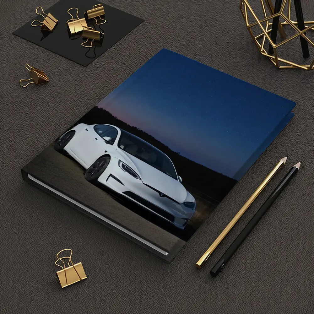 Tesla Model S White Under Night Sky – Notebooks