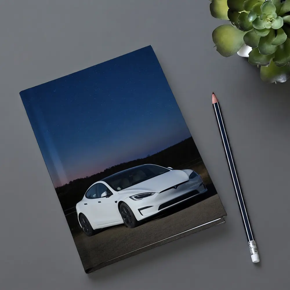 Tesla Model S White Under Night Sky – Notebooks