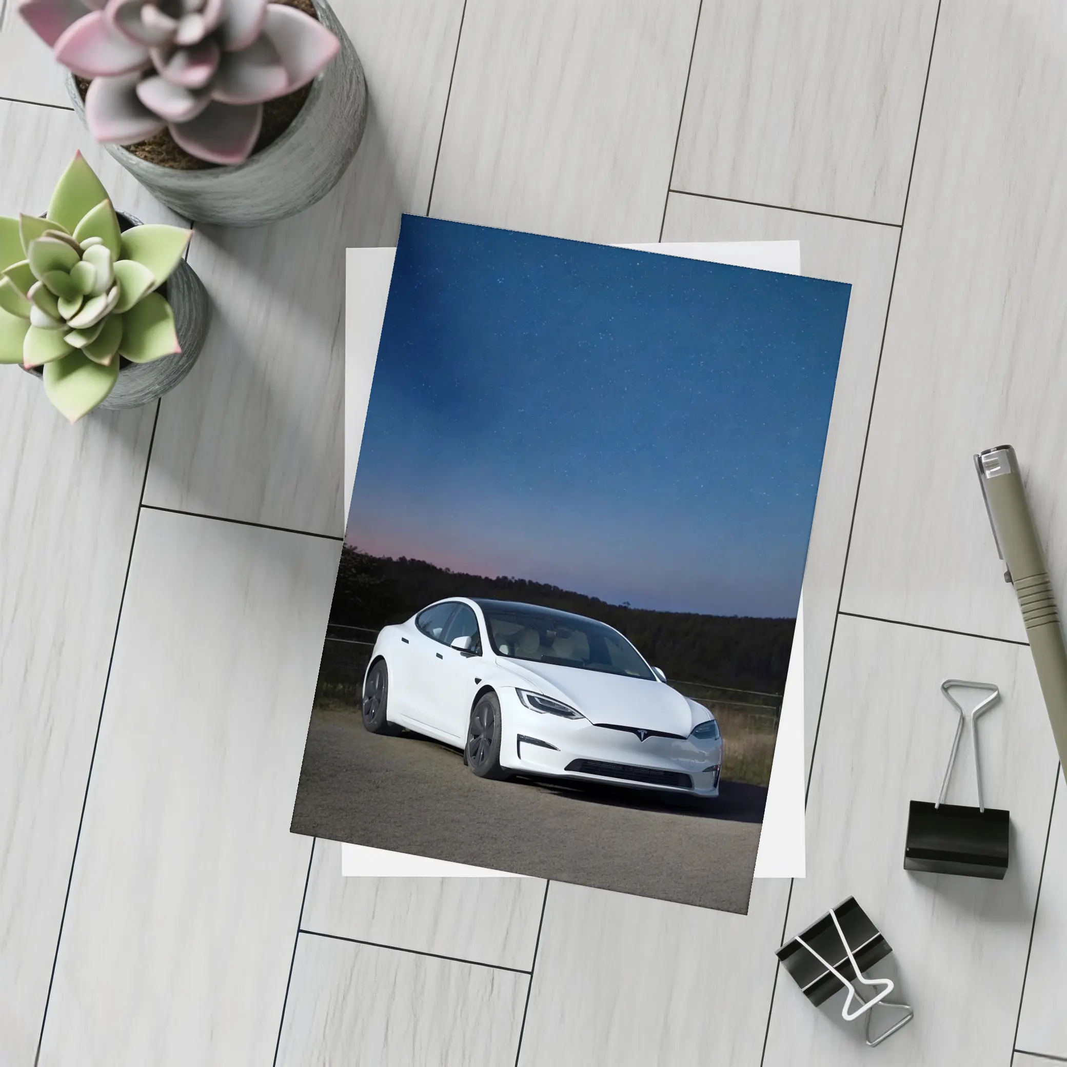 Tesla Model S White Under Night Sky – Postcards