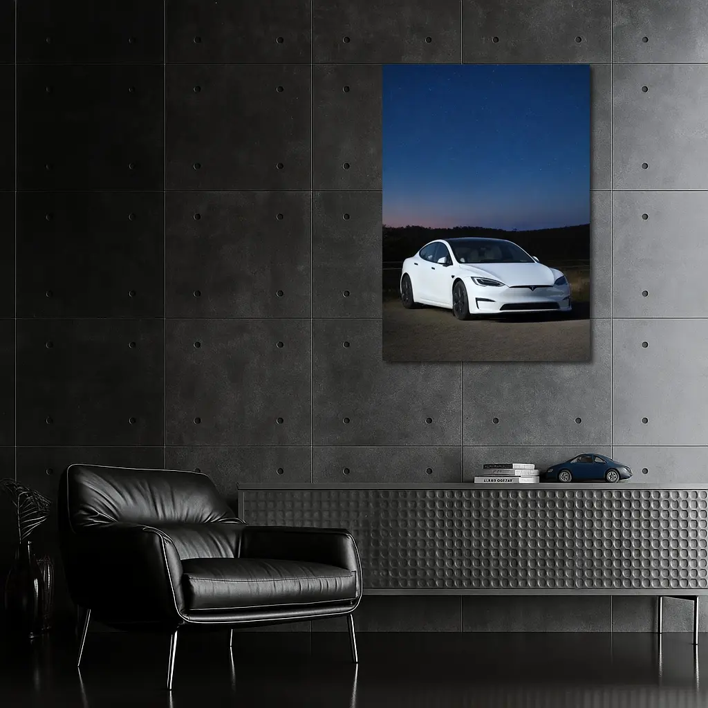 Tesla Model S White Under Night Sky – Wall Art