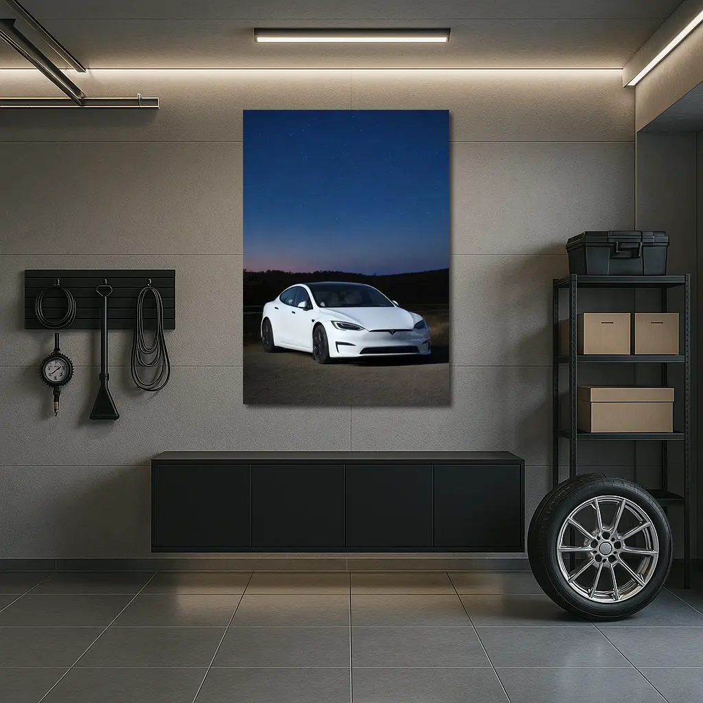 Tesla Model S White Under Night Sky – Wall Art