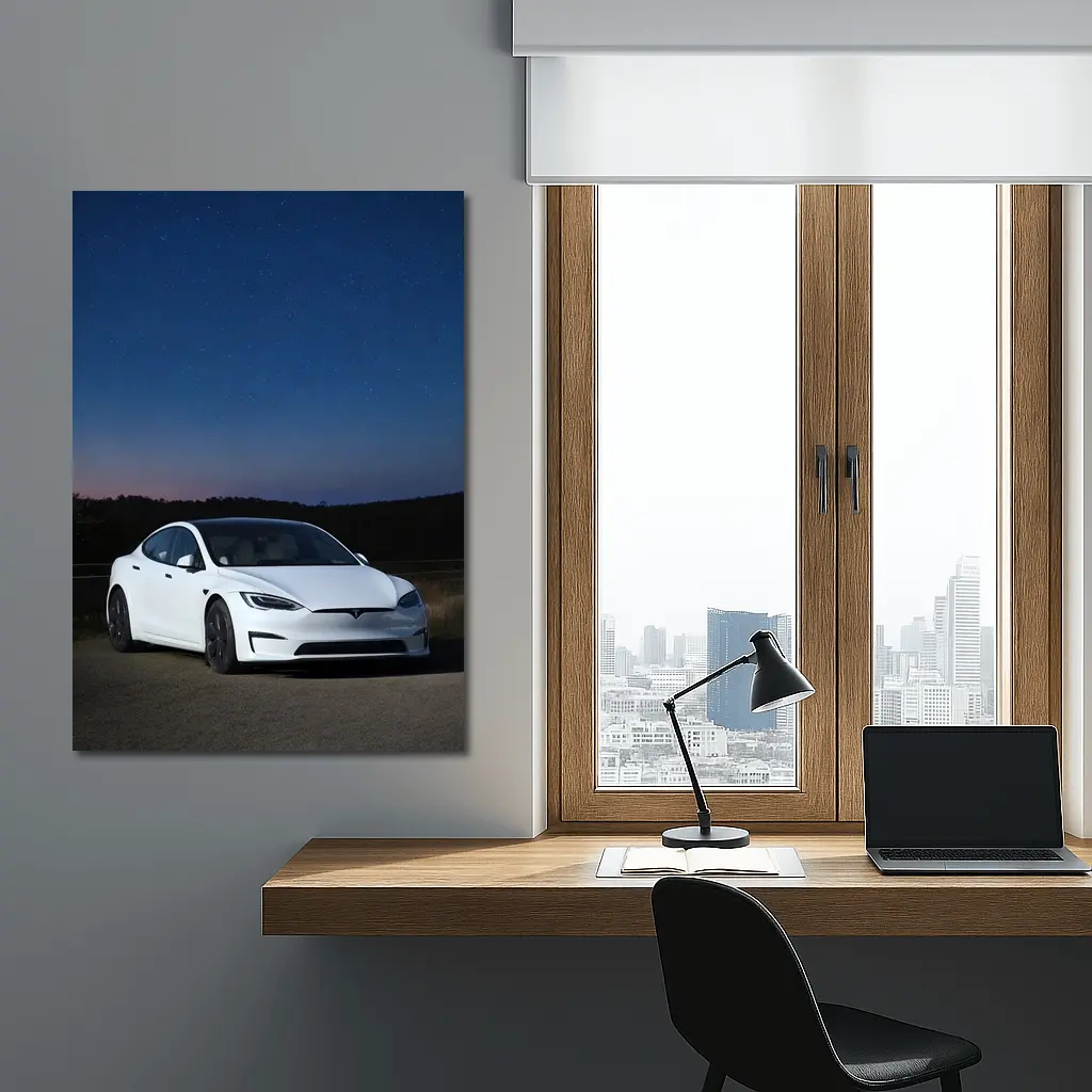 Tesla Model S White Under Night Sky – Wall Art