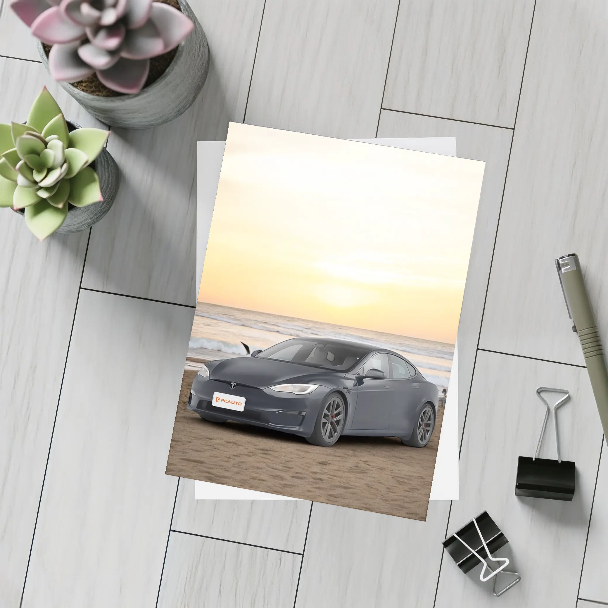 Tesla Model S Dark Gray Beach Sunset – Postcards