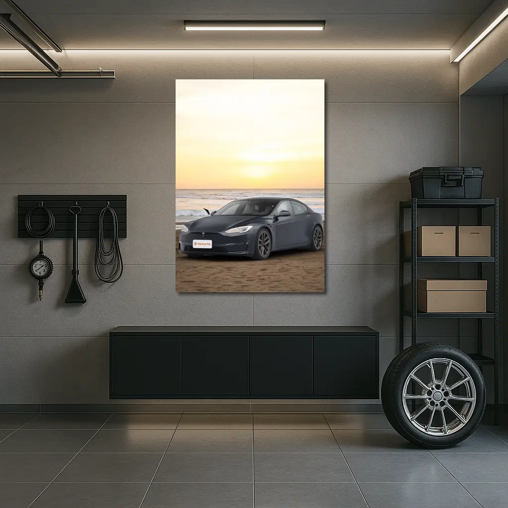 Tesla Model S Dark Gray Beach Sunset – Wall Art