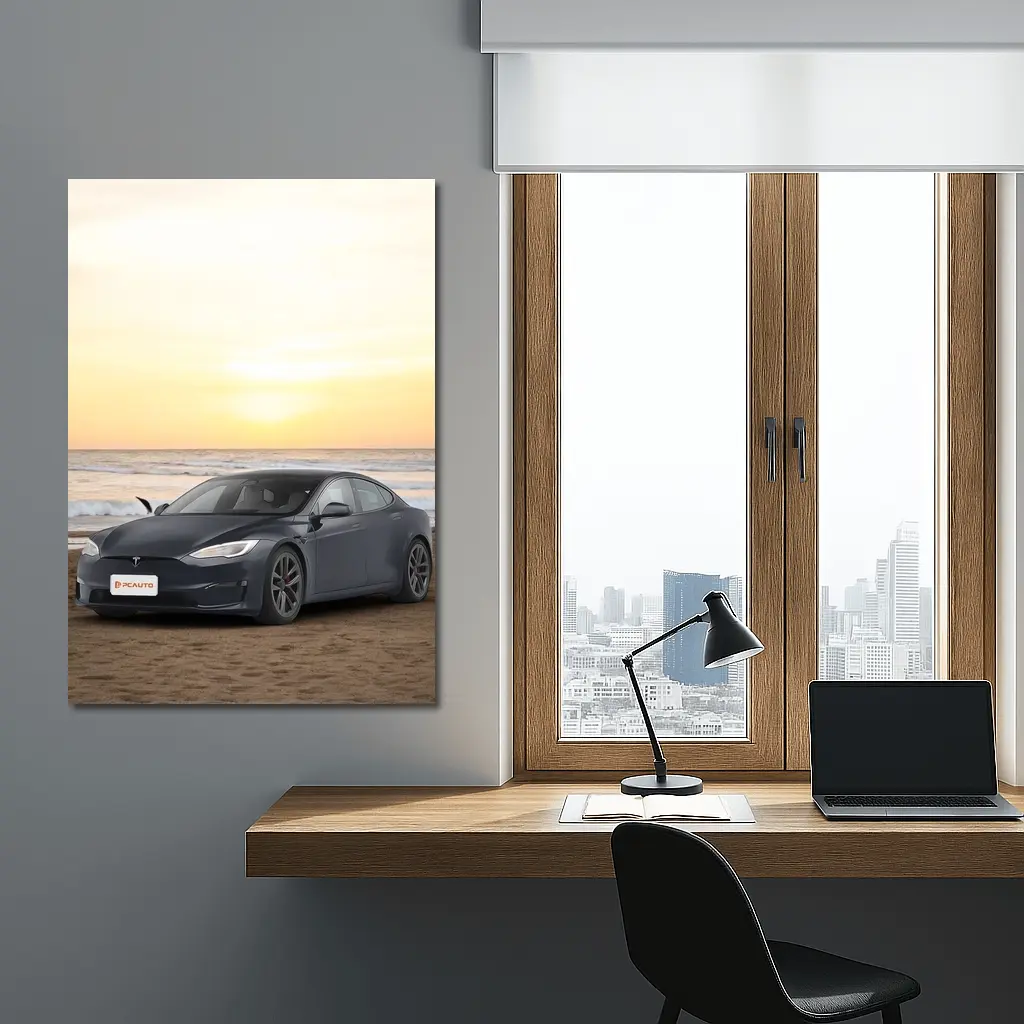 Tesla Model S Dark Gray Beach Sunset – Wall Art
