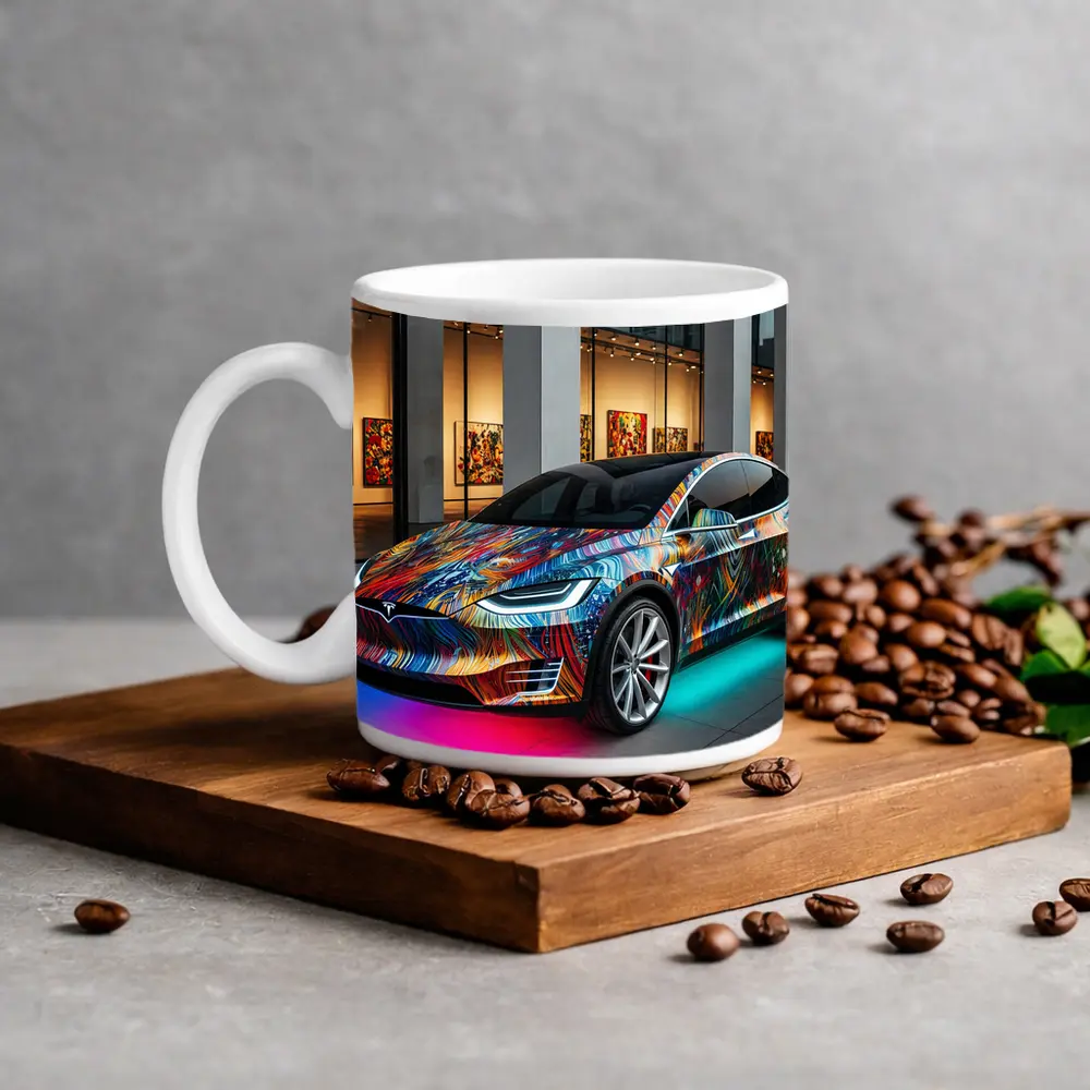 Tesla Model X Colorful Art Gallery Setting – Mugs
