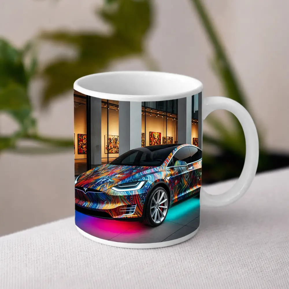 Tesla Model X Colorful Art Gallery Setting – Mugs